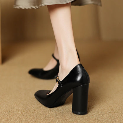 EAGSITY Cow leather classic high heel mary jane shoes women chunky heel round toe party wedding dress shoes