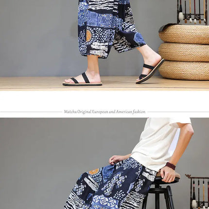 Pantaloncini da uomo estivi Pantaloni larghi casual comodi in cotone Pantaloni tradizionali al polpaccio retrò Pantaloncini traspiranti da uomo Streetwear