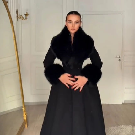 Women Elegant Long Wool Blend Coat Faux Fur Big Collar Cuff Cinched Waist Flare A‑line Maxi Coat Retro Party Outerwear Overcoat