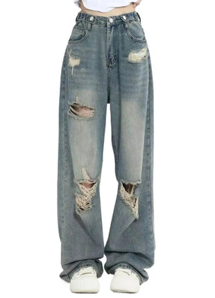 Jeans americani retrò traforati da donna a vita alta con cavallo dritto design sottile allentato High-street Vibe pantaloni trascinanti a gamba larga