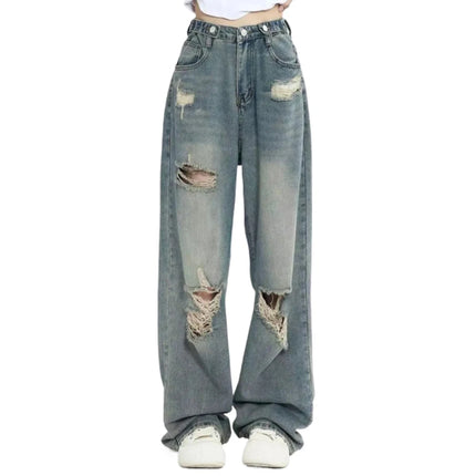 Jeans americani retrò traforati da donna a vita alta con cavallo dritto design sottile allentato High-street Vibe pantaloni trascinanti a gamba larga