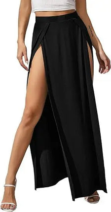 Nuova gonna elastica a vita alta da donna tinta unita spacco alto laterale vestibilità ampia assorbimento del sudore gonna lunga da spiaggia stile street