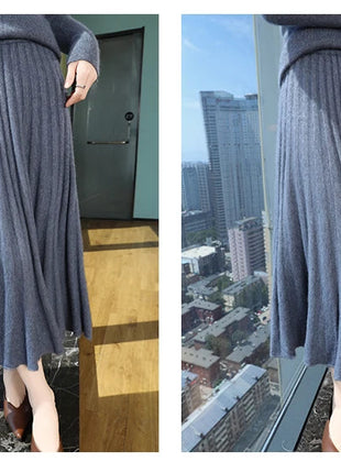 Autumn And Winter Fashion Mink Cashmere Mid Length High Waist Skirt For Women, Knitted Umbrella Skirt, Fashionable Pleated Skirt PlatiNum