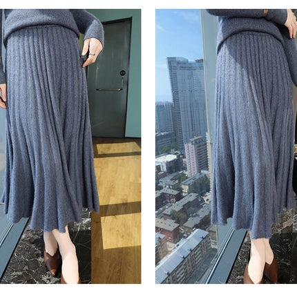 Autumn And Winter Fashion Mink Cashmere Mid Length High Waist Skirt For Women, Knitted Umbrella Skirt, Fashionable Pleated Skirt PlatiNum
