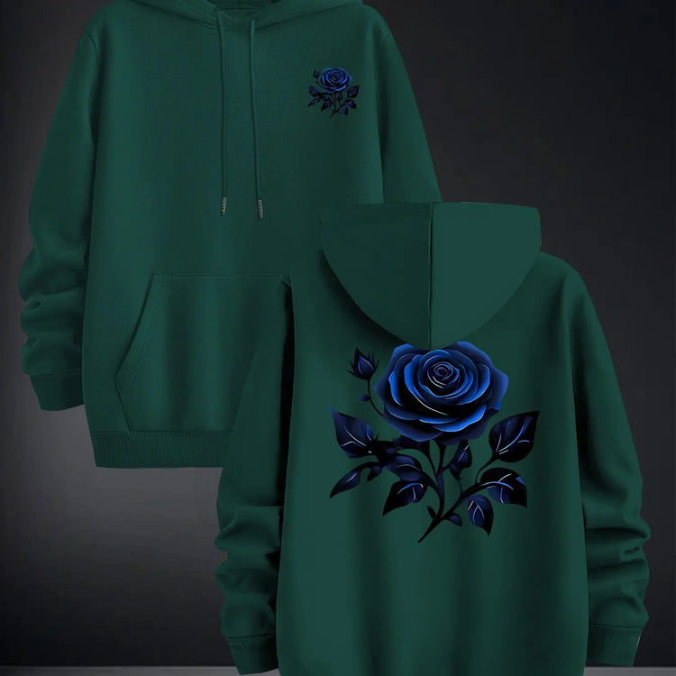 2026 Blue Rose Double Sided Print Hoodie Unisex Long Sleeve Pullover Casual Floral Streetwear Autumn Winter Hooded Sweatshirt