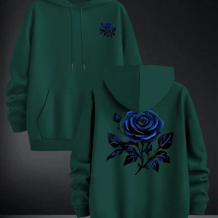 2026 Blue Rose Double Sided Print Hoodie Unisex Long Sleeve Pullover Casual Floral Streetwear Autumn Winter Hooded Sweatshirt