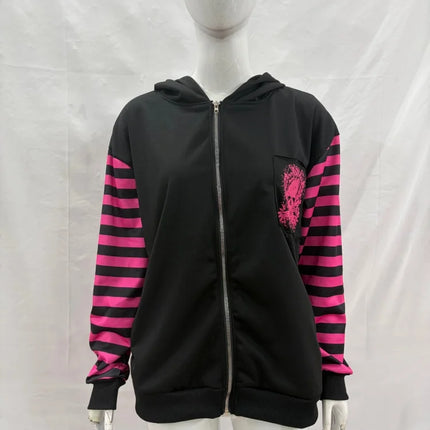 2026 Dark Pink Black Punk Skeleton Printed Striped Sleeve Hoodie Street Style Women's Zipper Cardigan Wholesale
