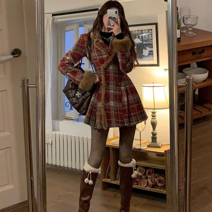 Women's Double Breasted Plaid Coat, Woolen Jacket , V-Neck, Loose Tops, Female Clothes, Sweet, New, Autumn, Winter