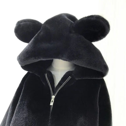 Cosy Loose Faux Fur Coat Womens Faux Fur Fuzzy Hooded Fluffy Ears Surcoat Overcoat Woman Winter Warm Outerwear Snowy Day Wrap