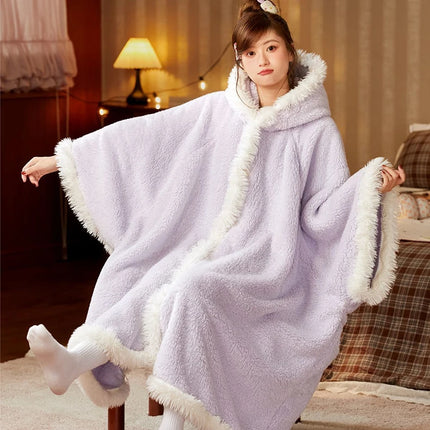 New Cute Blanket Hooded Cloak Coral Velvet Pajamas Women's Autumn Winter Thickened Robe Blanket Multifunctional Thermal Products