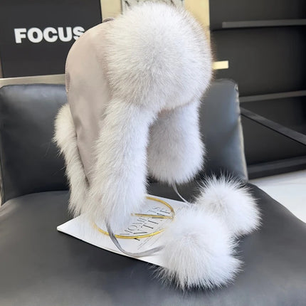 2026 100% Real Fox Fur Hats Women's Russian Ushanka Aviator Trapper Snow Skiing Hat Caps Earflap Winter Raccoon Fur Outerwear Ha