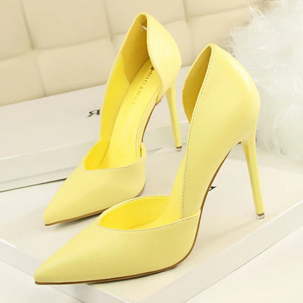 Donne di estate 10.5 centimetri Tacchi Alti Pompe di Pelle Femminile Escarpins Elegante Dolce Giallo Rosa Stiletto Della Signora Tacchi Da Sposa Scarpe Cave