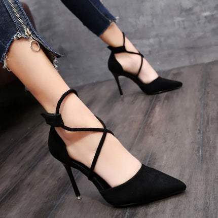 2021 Estate europea e americana pelle scamosciata a punta croce cinturino scarpe tacco alto banchetto da donna discoteca sandali sexy con tacco sottile