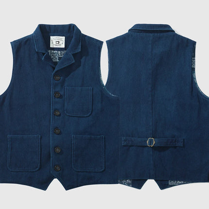Vintage Lapel Waistcoat Men Autumn Winter New Kendo Fabric Multi-pocket Indigo Jacket Suit Vest Handmade Blue Dyed Cardigan Coat