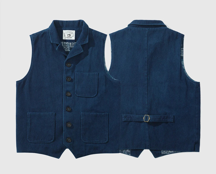 Vintage Lapel Waistcoat Men Autumn Winter New Kendo Fabric Multi-pocket Indigo Jacket Suit Vest Handmade Blue Dyed Cardigan Coat