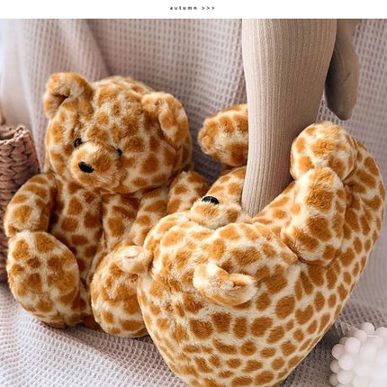 Cute Teddy Bear Plush Winter Slippers, Wrapped Heel Funny Indoor Floor Shoes, Women Gift, Warm Soft Cartoon Fluffy Animal Slippe