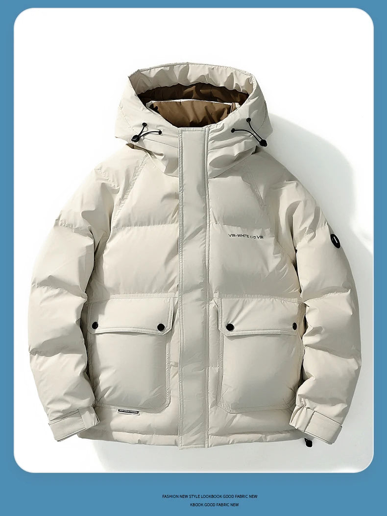 2024 Piumino corto con cappuccio, piumino da uomo in tinta unita, caldo cappotto casual in piuma d'anatra bianca