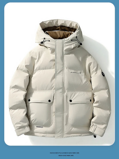 2024 Piumino corto con cappuccio, piumino da uomo in tinta unita, caldo cappotto casual in piuma d'anatra bianca