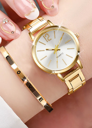 Set di braccialetti con apertura per orologio da polso al quarzo con cinturino in acciaio dorato alla moda da donna 2 pezzi platinumshop