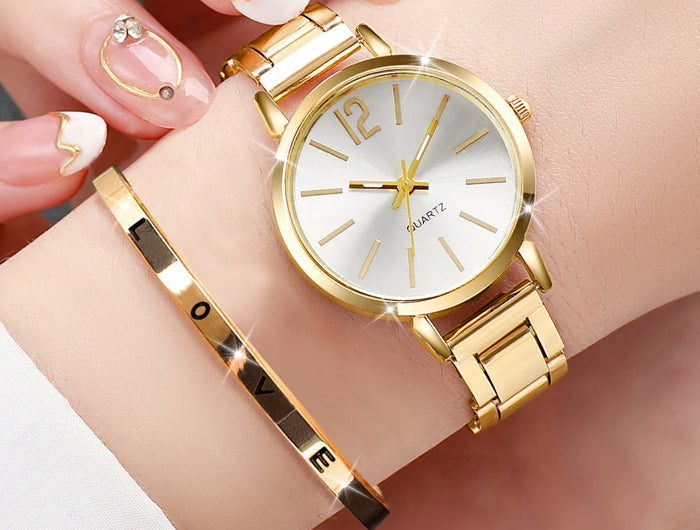 Set di braccialetti con apertura per orologio da polso al quarzo con cinturino in acciaio dorato alla moda da donna 2 pezzi platinumshop