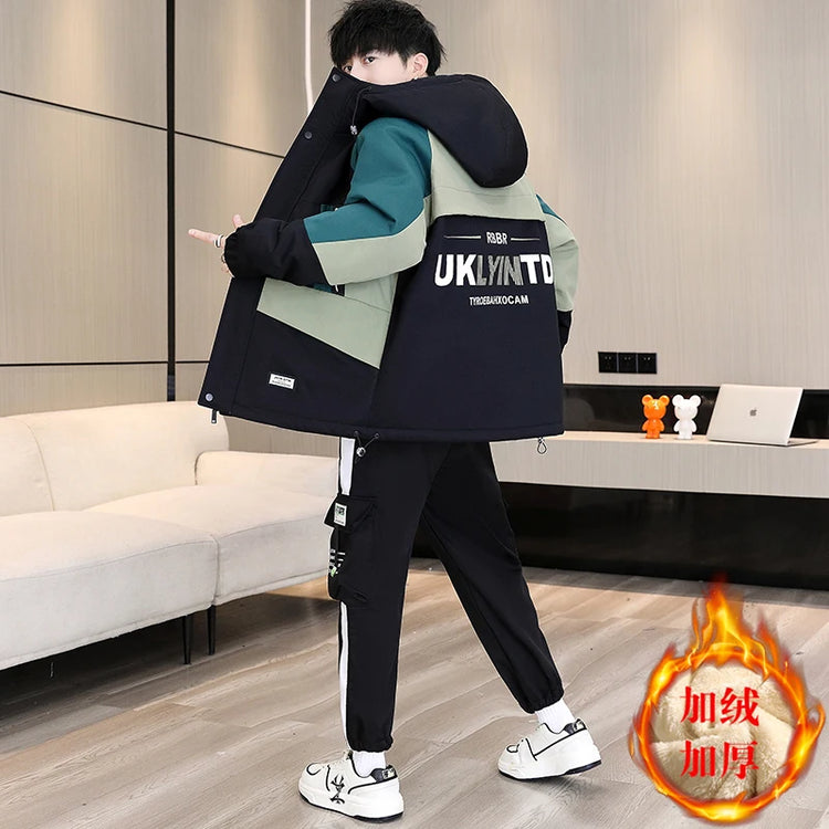 Men's Casual Wool Lined Thickened Hooded Set Fashionable Warm Sweatshirt Jacket Trendy Autumn Winter Men 2 Piece