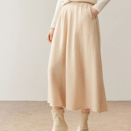 Women's 100% Pure Cashmere Skirt Autumn Winter Mid-calf A-line Knitted Full Skirt High Waist Soild Dress Elegant Basic High-end PlatiNum