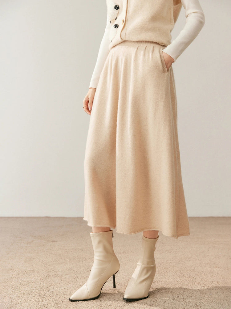 Women's 100% Pure Cashmere Skirt Autumn Winter Mid-calf A-line Knitted Full Skirt High Waist Soild Dress Elegant Basic High-end PlatiNum