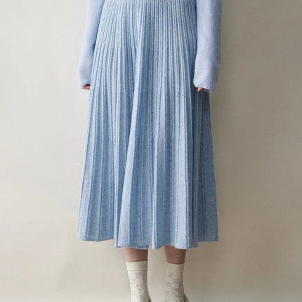 Chic Women's Cashmere Pleated A-line Skirt Autumn Winter 100% Cashmere Knitted Colorful Dots Decoration Elastic Waist Soft Dress PlatiNum