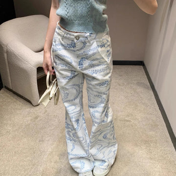 Jeans stampati bianchi da donna a vita alta a gamba larga coreani dritti larghi casual versatili autunno nuovi pantaloni alla moda di High Street