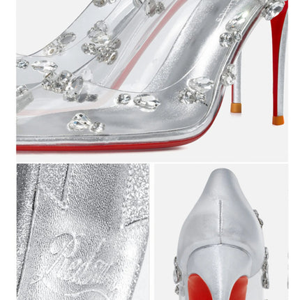 Red sole transparent pointed head sexy female stiletto high heels wedding shoes silver rhinestone crystal fairy style new 2024 PlatiNum