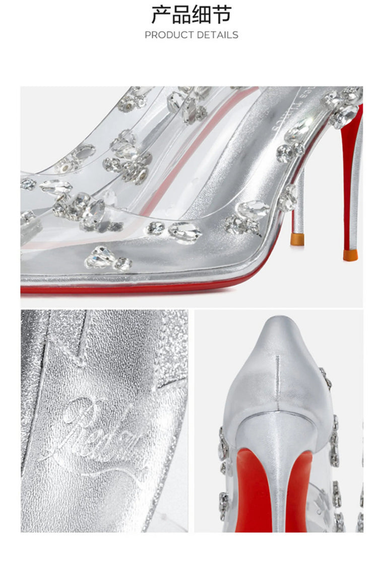 Red sole transparent pointed head sexy female stiletto high heels wedding shoes silver rhinestone crystal fairy style new 2024 PlatiNum
