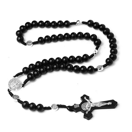 Collana con croce di rosario con perline di legno da 10 mm per donna uomo cristiano Vergine Maria INRI catena con ciondolo gioielli religiosi di moda PlatiNum