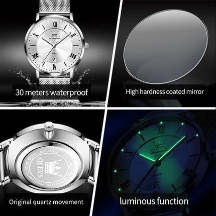OLEVS 5623 Orologio al quarzo da uomo con quadrante minimalista con numeri romani, cinturino in maglia milanese, lancette luminose, datario, resistente all'acqua fino a 30 m platinumshop