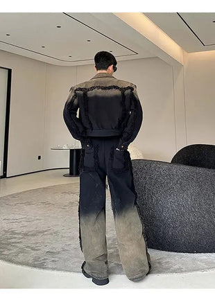 2025 New Men Denim Jacket and Jeans Set Two Piece Gradient Color Frayed Design Loose Fit High End Street Fashion Youth Trendy PlatiNum