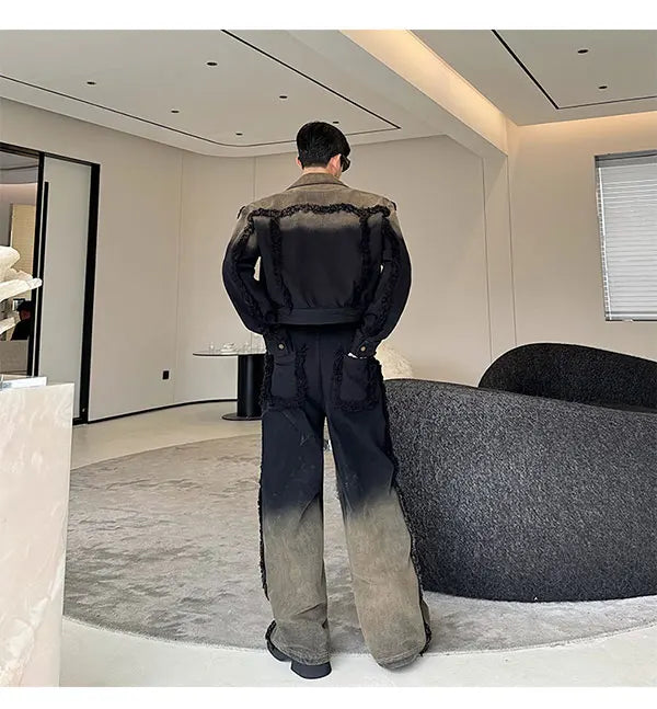 2025 Nuovi uomini Giacca di jeans e jeans Set Due pezzi Sfumatura di colore Design sfilacciato Vestibilità ampia Moda di strada di fascia alta Gioventù alla moda