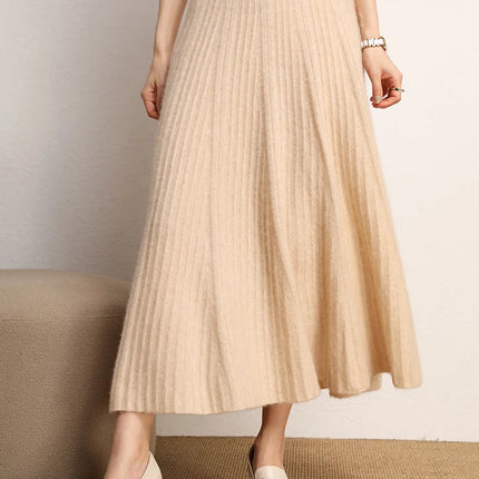 Women A-Line Pleated Skirt Cashmere High Waist Autumn Winter Large Umbrella Skirt 100% Cashmere Knitted Office Lady Casual Dress PlatiNum
