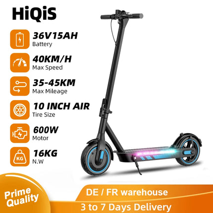 Monopattino elettrico HiQiS V10 pro con motore da 600W, batteria 36V15Ah, velocità 40KM/H, autonomia 45KM, pneumatici da 10 pollici, pieghevole, per adulti, con app.
