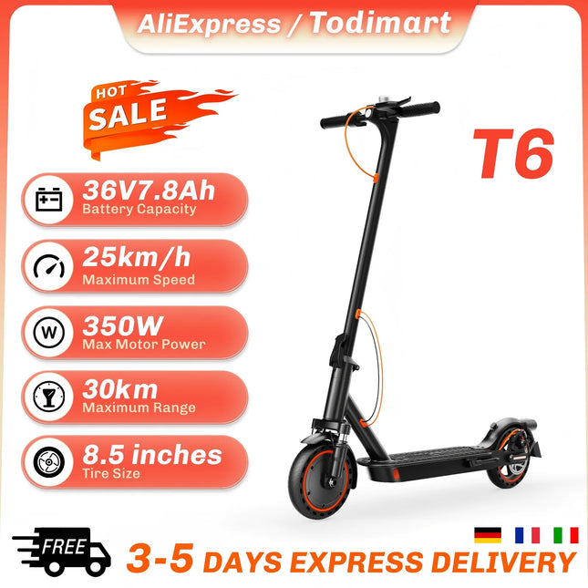 Monopattino Elettrico TODIMART T6 per Adulti, Motore 350W (Picco 500W), Batteria 36V 7.8Ah, Pneumatici Solidi a Nido d'Ape Antiesplosione da 8.5 Pollici, Connessione APP, Pieghevole