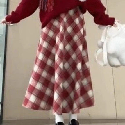 Red Plaid Midi Skirt Women Fall Winter Vintage High Waist Sweet Woolen Cloth Skirts Retro Loose Preppy Aesthetic Female Skirt PlatiNum
