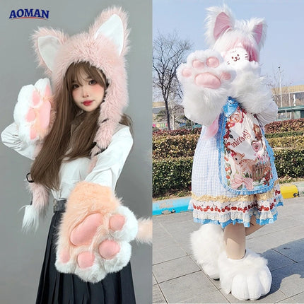 Long Plush Cat Ear Hat Fox Ear Double Braid Caps Cute Lolita Anime Fall Winter Cap Y2K Anime Cosplay Accessories