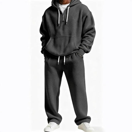 Autumn and Winter Waffle Hooded Sweatshirt Sweatpants Set 3D Printed Casual Sports Suit Men PlatiNum