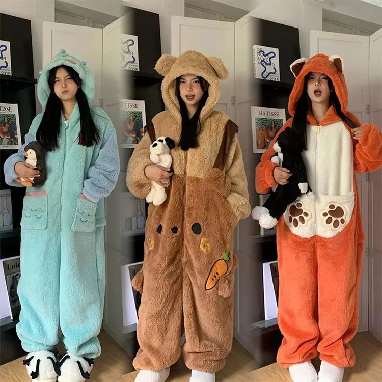 Girls Cartoon Bunny Kigurumi Onesie Pajamas Winter Thick Plush Fleece Hooded Jumpsuit Sleepwear Cute Bow Homewear Loungewear