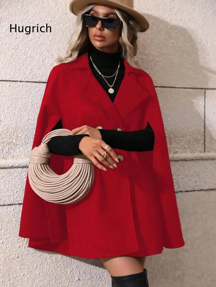 Ladies Mid Length Cape Coat Round Neck Double Breasted Metal Buttons Sleeveless Loose Cloak Outer Jacket For Party