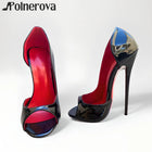 Décolleté peep toe da 16 cm Scarpe da donna sexy con tacco alto in pelle verniciata nera Fodera rossa Tacchi a spillo moda Personalizzazione fatta a mano platinumshop