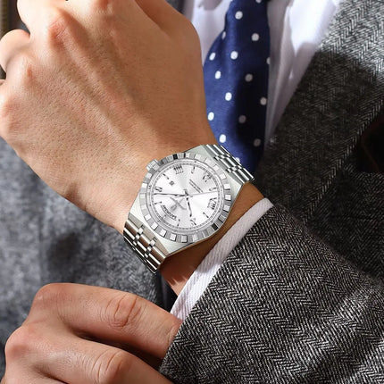 POEDAGAR Fashion Male Clock Luminous Waterproof Week Date Creative Men Watch Stainless Steel Quartz Business Men's Watches Reloj
