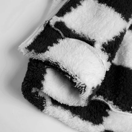 Men's Black & White Checkerboard Fleece Hooded Zip-Up Jacket Winter Thick Warm Sherpa Casual Coat