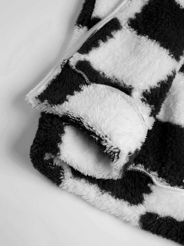 Men's Black & White Checkerboard Fleece Hooded Zip-Up Jacket Winter Thick Warm Sherpa Casual Coat