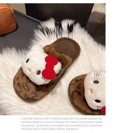 Women Cute Cartoon Cat Leopard Print Plush Slippers Warm Fuzzy Non-Slip Soft Sole Winter Indoor Bedroom Cozy House Home Shoes