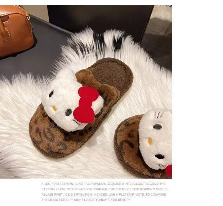 Women Cute Cartoon Cat Leopard Print Plush Slippers Warm Fuzzy Non-Slip Soft Sole Winter Indoor Bedroom Cozy House Home Shoes