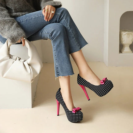 Sexy Super High Heels Women Platform Pumps Polka dot Bow Party Dress Shoes Woman Elegant Wedding Shoes Female 12cm Stilettos PlatiNum